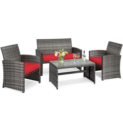 4 Pieces Outdoor Patio Wicker Sofa Set Rattan Conversation Bistro Sets with Cushions and Table