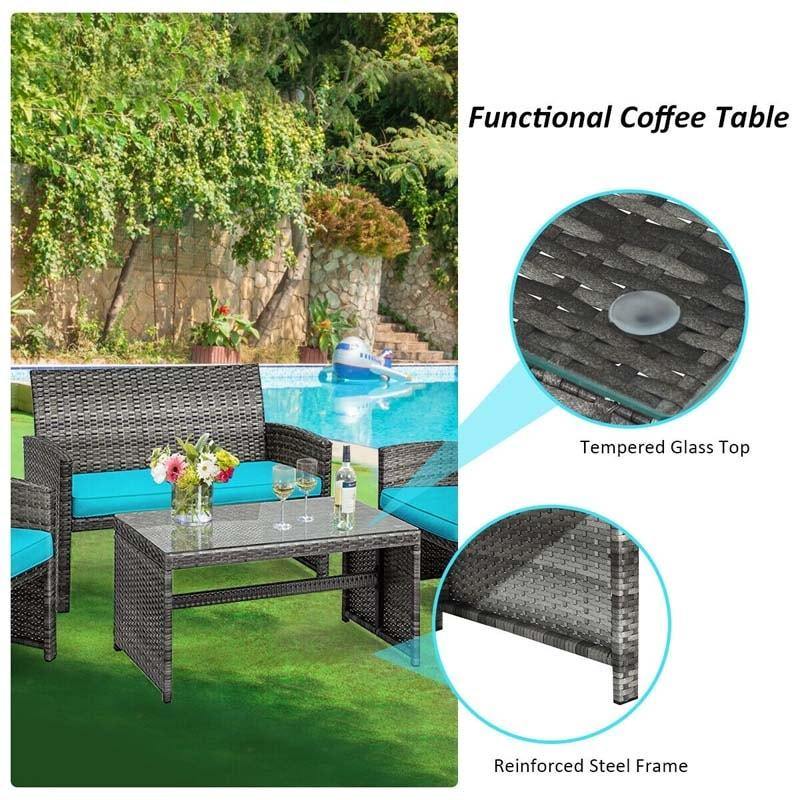 4 Pieces Outdoor Patio Wicker Sofa Set Rattan Conversation Bistro Sets with Cushions and Table