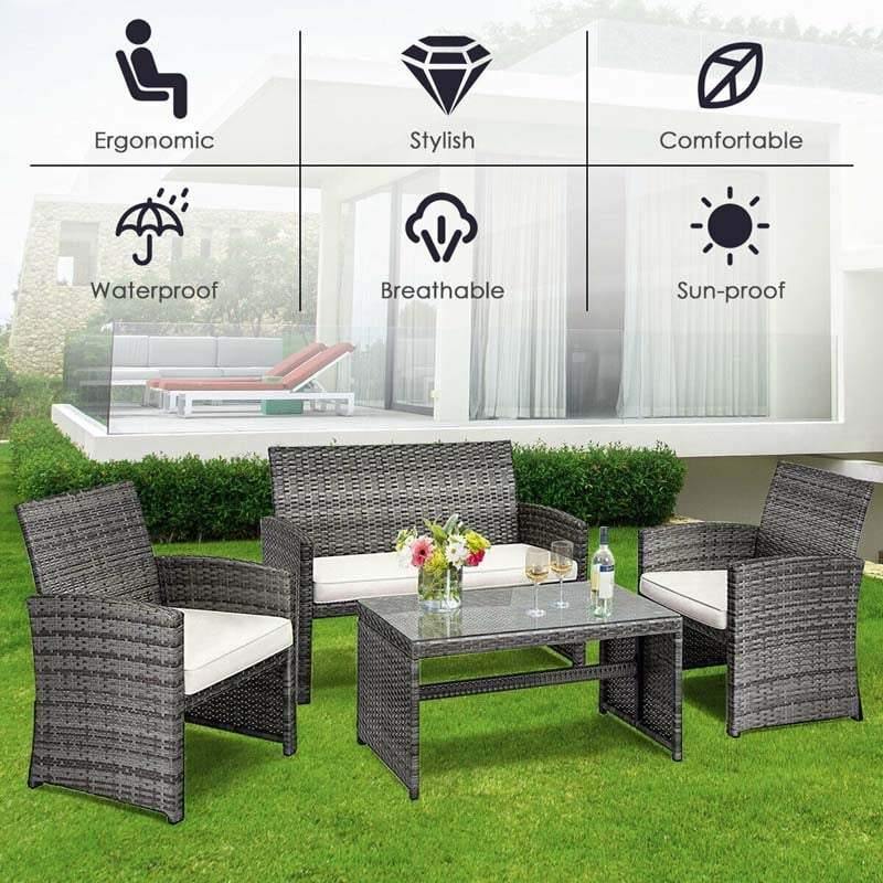 4 Pieces Outdoor Patio Wicker Sofa Set Rattan Conversation Bistro Sets with Cushions and Table