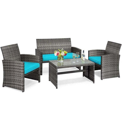 4 Pieces Outdoor Patio Wicker Sofa Set Rattan Conversation Bistro Sets with Cushions and Table