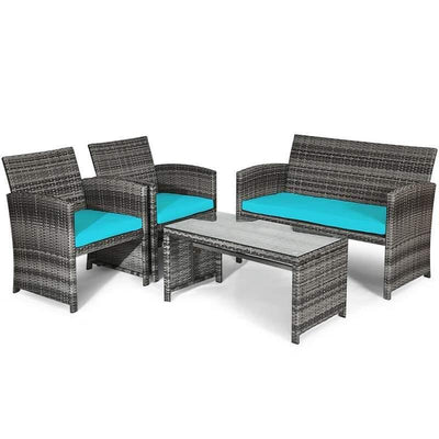 4 Pieces Outdoor Patio Wicker Sofa Set Rattan Conversation Bistro Sets with Cushions and Table