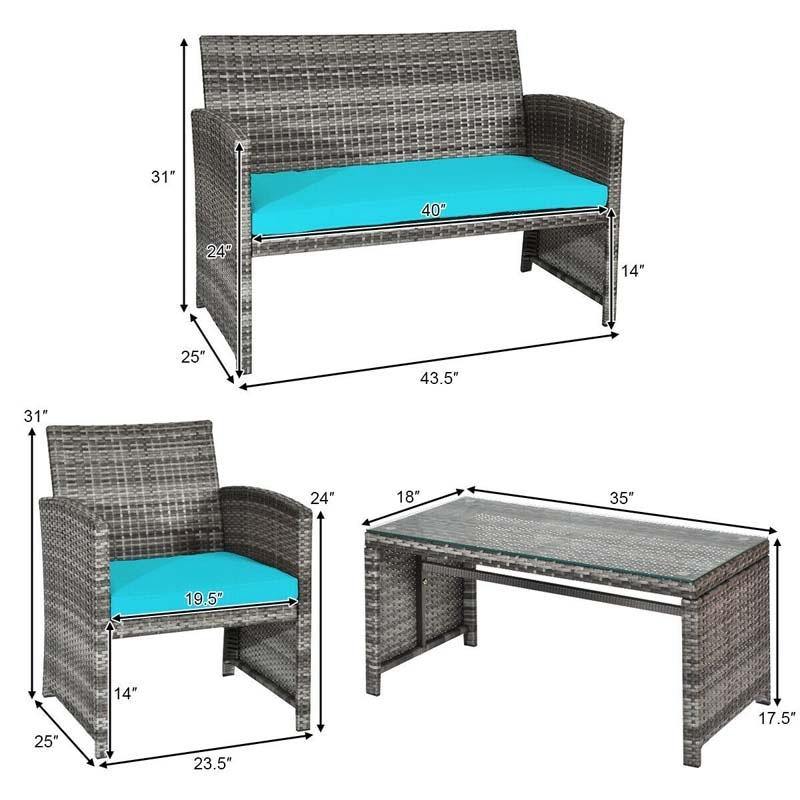 4 Pieces Outdoor Patio Wicker Sofa Set Rattan Conversation Bistro Sets with Cushions and Table