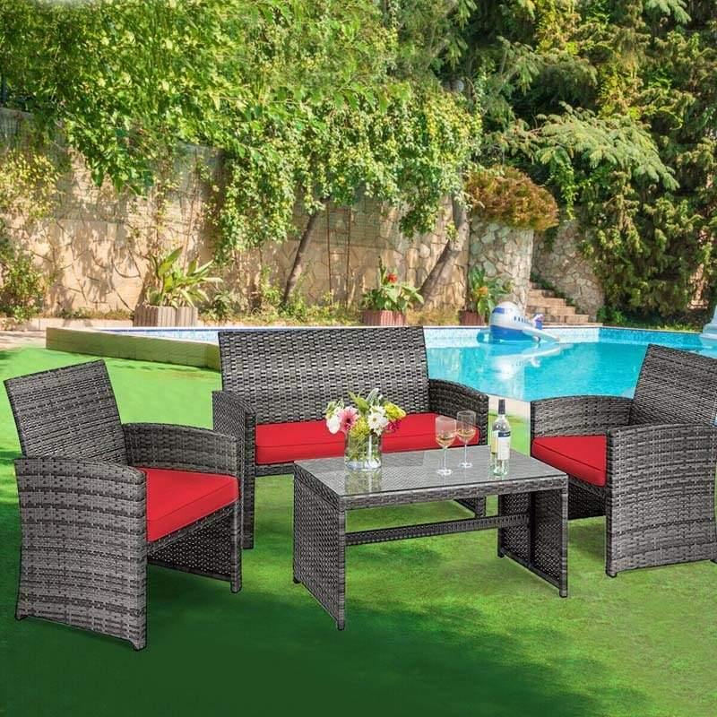 4 Pieces Outdoor Patio Wicker Sofa Set Rattan Conversation Bistro Sets with Cushions and Table