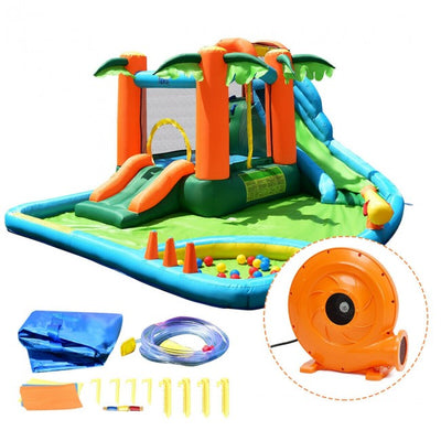 7 in 1 Kids Inflatable Bounce House, Giant Water Slide Park Jumping Castle with Blower and Climbing Wall