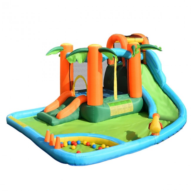 7 in 1 Kids Inflatable Bounce House, Giant Water Slide Park Jumping Castle with Blower and Climbing Wall