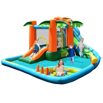 7 in 1 Kids Inflatable Bounce House, Giant Water Slide Park Jumping Castle with Blower and Climbing Wall