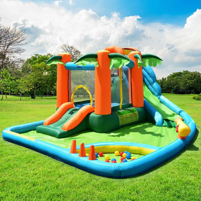 7 in 1 Kids Inflatable Bounce House, Giant Water Slide Park Jumping Castle with Blower and Climbing Wall