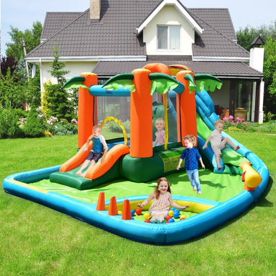 7 in 1 Kids Inflatable Bounce House, Giant Water Slide Park Jumping Castle with Blower and Climbing Wall
