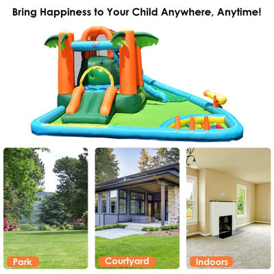 7 in 1 Kids Inflatable Bounce House, Giant Water Slide Park Jumping Castle with Blower and Climbing Wall