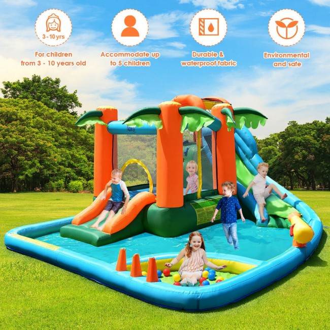 7 in 1 Kids Inflatable Bounce House, Giant Water Slide Park Jumping Castle with Blower and Climbing Wall