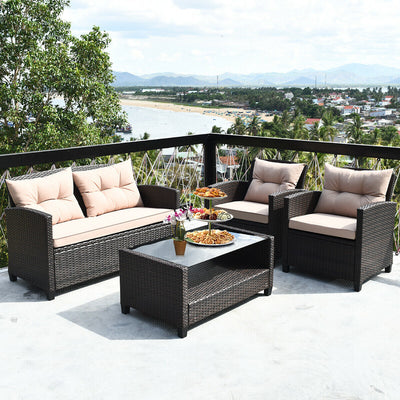 4 Pieces Outdoor Rattan Armrest Furniture Set Table with Lower Shelf