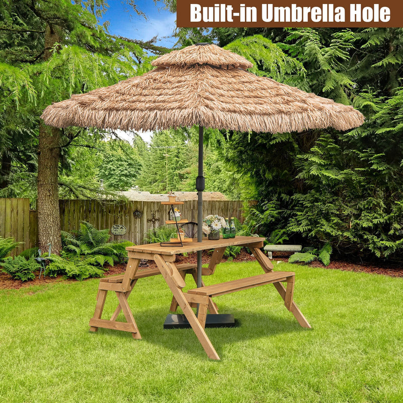 2-in-1 Transforming Interchangeable Wooden Picnic Table Bench with Umbrella Hole