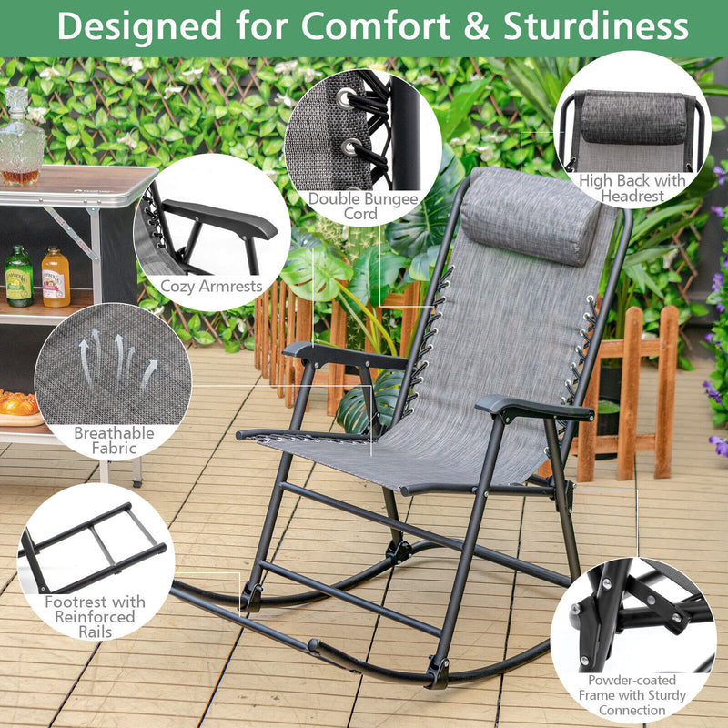 Outdoor Folding Rocking Chair Zero Gravity Patio Portable Recliner With Headrest