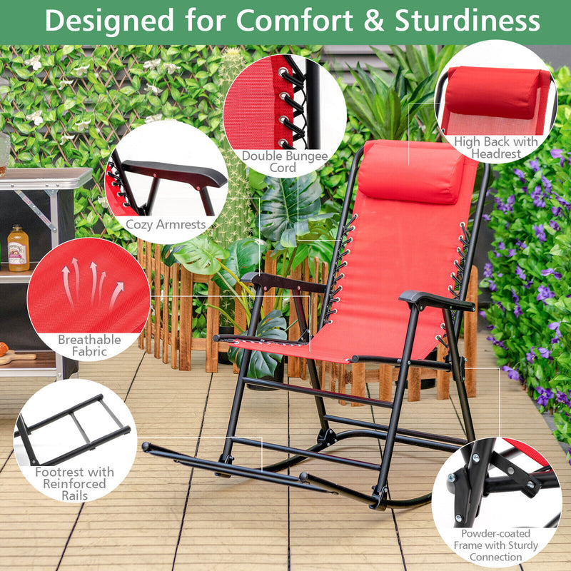 Outdoor Folding Rocking Chair Zero Gravity Patio Portable Recliner With Headrest