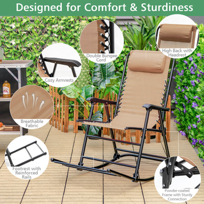 Outdoor Folding Rocking Chair Zero Gravity Patio Portable Recliner With Headrest