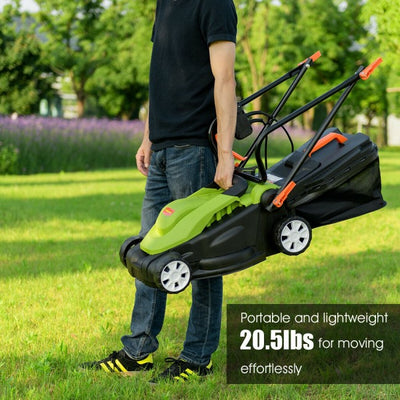 14'' 12 Amp Electric Lawn Mower Corded Grass Cutting Machine with Detachable Grass Bag