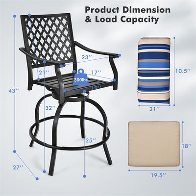 Set of 2 Patio Swivel Bar Stools Outdoor Bar Height Chairs with Soft Cushions and Steel Frame