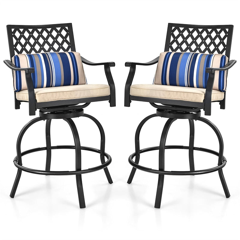 Set of 2 Patio Swivel Bar Stools Outdoor Bar Height Chairs with Soft Cushions and Steel Frame