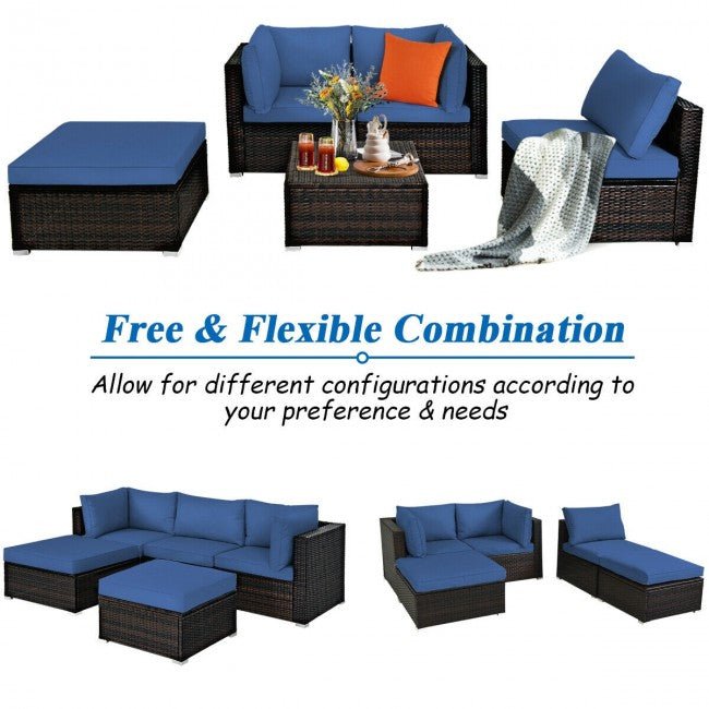 5 Pieces Outdoor Rattan Sectional Conversation Sofa Set Patio Furniture Sets with Cushion and Ottoman