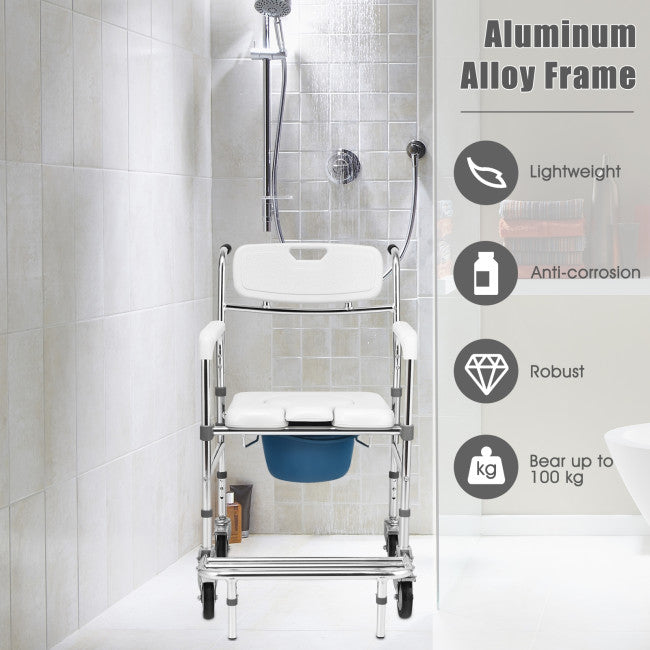 Multifunctional Rolling Shower Commode Chair Toilet Wheelchair With Folding Pedal and Universal Wheel