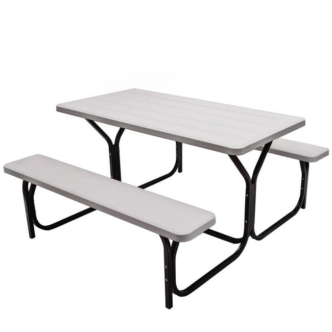 Outdoor Camping Table Bench Set Picnic All Weather Dining Set with Metal Base and Wood-Like Texture