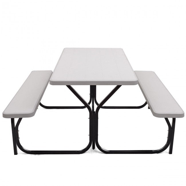 Outdoor Camping Table Bench Set Picnic All Weather Dining Set with Metal Base and Wood-Like Texture