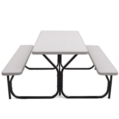 Outdoor Camping Table Bench Set Picnic All Weather Dining Set with Metal Base and Wood-Like Texture